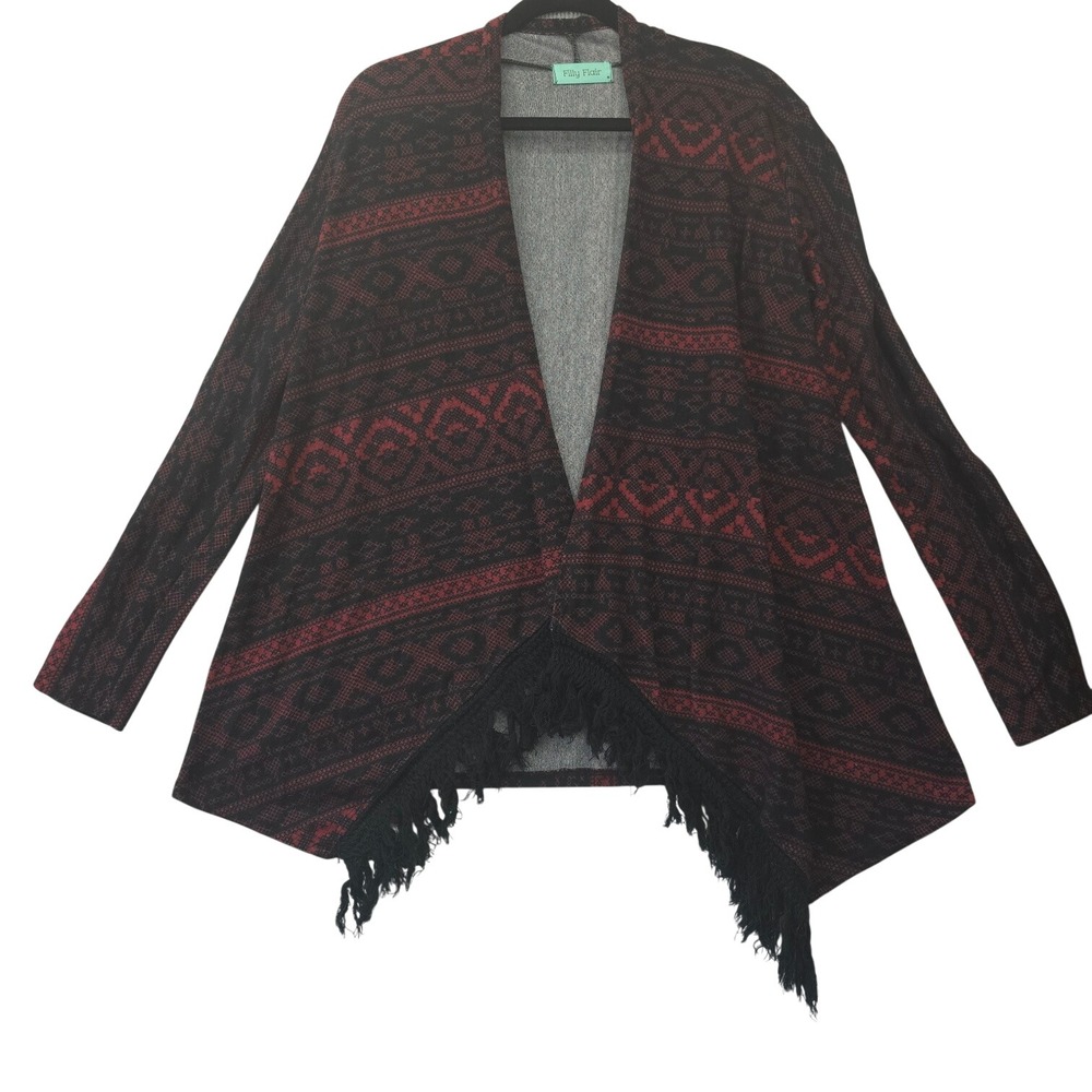 Filly Flair Red Black Southwestern Fringe Cardigan Open Front M Rustic Boho Wrap